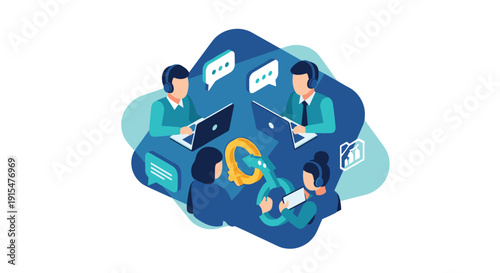 An isometric illustration of a business team in a virtual meeting, collaborating on a project with a central key symbol.