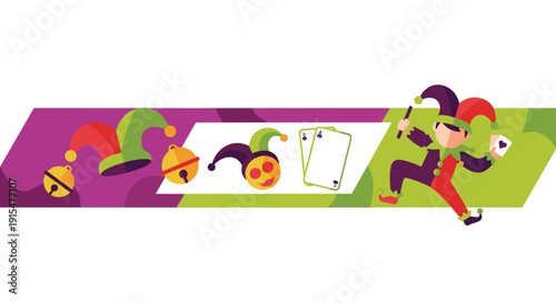 A festive banner for April Fools' Day featuring a jester, jester hats, playing cards, and bells on a colorful background.