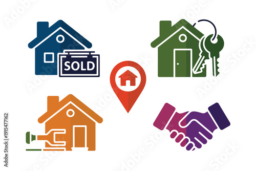 A graphic illustration of real estate concepts and home buying process