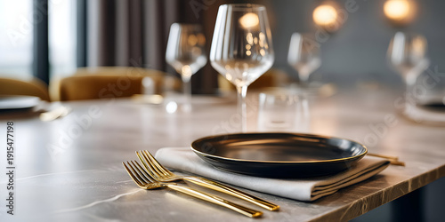 An elegant dining table set with a sleek plate, stylish cutlery, and fine glassware, creating a warm and inviting atmosphere.