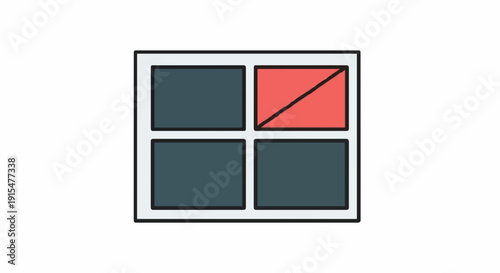 A divided window pane with three dark quadrants and one red triangular quadrant, representing a partially open or segmented view, ideal for design or architectural concepts