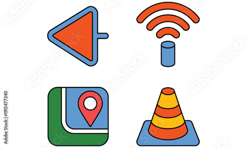 Colorful icons depicting a speaker wifi map and traffic cone