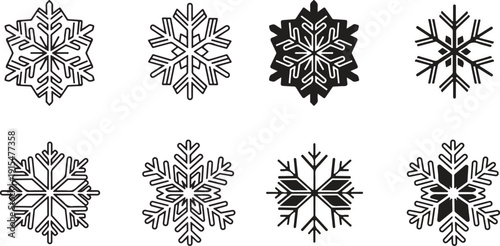 Snowflake icons collection. Vector snowflakes for Christmas decor, holiday celebration graphics and seasonal design elements