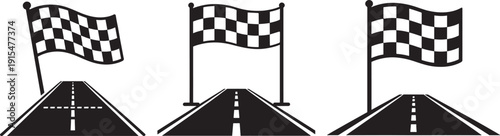 Three checkered flags waving above stylized roads representing racing and victory celebration