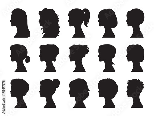 Woman and girl head silhouettes set with different hairstyles vector illustration, collection of diverse female profiles on transparent background