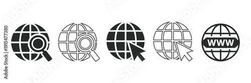 Set of modern web icons representing global connectivity and search