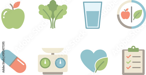 Healthy lifestyle and diet icons, apple, greens, water, diet plan, pill, scale, heart, checklist