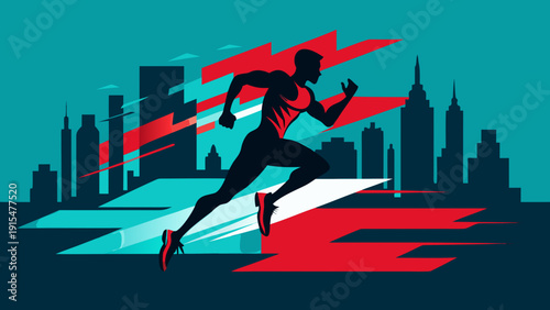Dynamic silhouette of a male runner in athletic gear sprinting against a vibrant city skyline with abstract geometric shapes and bold colors in the background