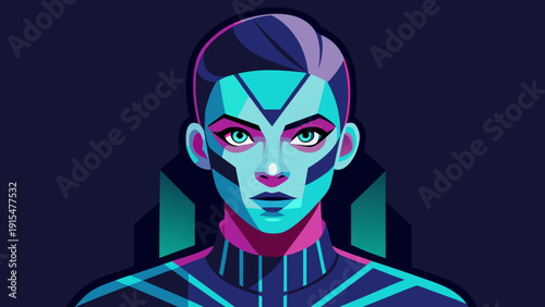 Futuristic digital illustration of a humanoid character with geometric facial patterns and vibrant colors, set against a dark background with abstract shapes