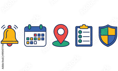 A row of colorful icons representing alerts dates locations tasks and security