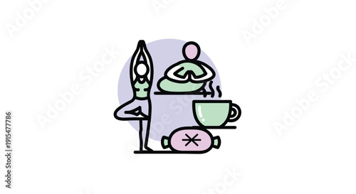 A minimal icon set illustrating a relaxing and mindful lifestyle with yoga, meditation, and a warm cup of tea.