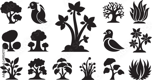 Black silhouettes of trees, flowers, and birds on white