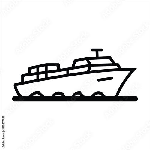Side view of a sleek yacht or ship sailing on water, marine business logo, black line art