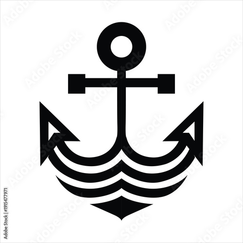 Bold black graphic of an anchor with wavy lines representing the sea, marine business logo