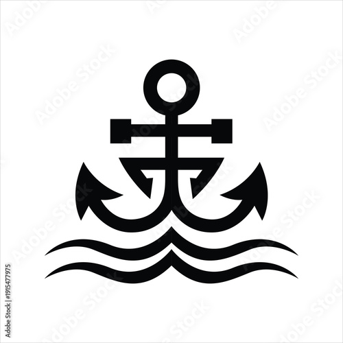 Bold black graphic of an anchor with wavy lines representing the sea, marine business logo