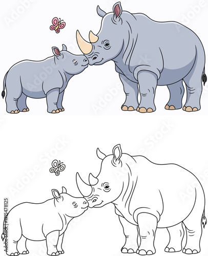 Adorable Cartoon of a Rhino Mother and Baby Touching Noses Kids' Black and White Coloring Page with Vector Illustration
