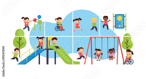 An inclusive playground scene with diverse children, including those with disabilities in wheelchairs, playing together happily.