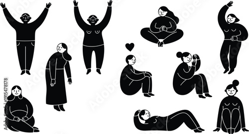 Body positive women characters in various poses, self love and confidence concept vector illustration isolated on white background