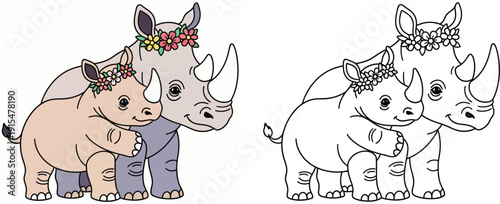 Adorable Cartoon of a Rhino Mother and Baby Touching Noses Kids' Black and White Coloring Page with Vector Illustration