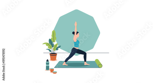 A flat illustration of a woman practicing the warrior yoga pose at home, maintaining a healthy and balanced wellness lifestyle.