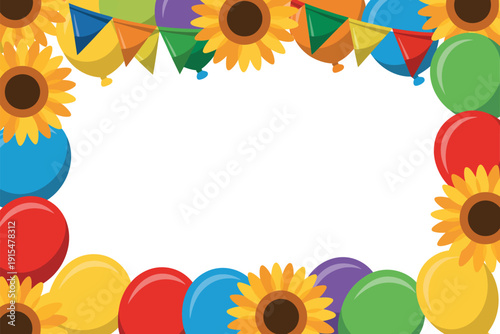 A colorful illustration of balloons and sunflowers for a party