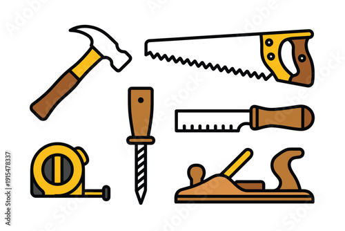 A collection of various carpentry tools on a white background