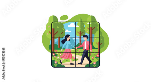 A romantic illustration of a couple holding hands and walking through a blooming park, viewed through a window-like grid frame.