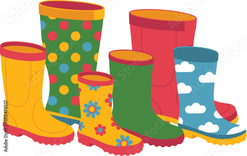 A colorful illustration of various rain boots for kids and adults