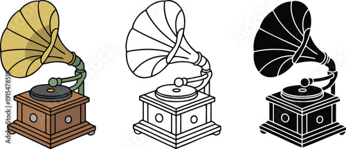 Traditional Gramophone silhouette & Outline and illustration set isolated on transparent background
