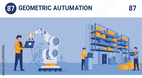 Warehouse automation with robotic arm and workers using laptops, modern logistics and industry 4.0 concept