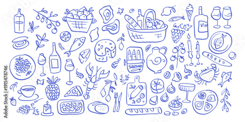 Imperfect hand drawn Mediterranean food doodle set. Blue ink sketch of wine, cheese, seafood and olives. Chaotic line art illustration for restaurant menu or recipe.