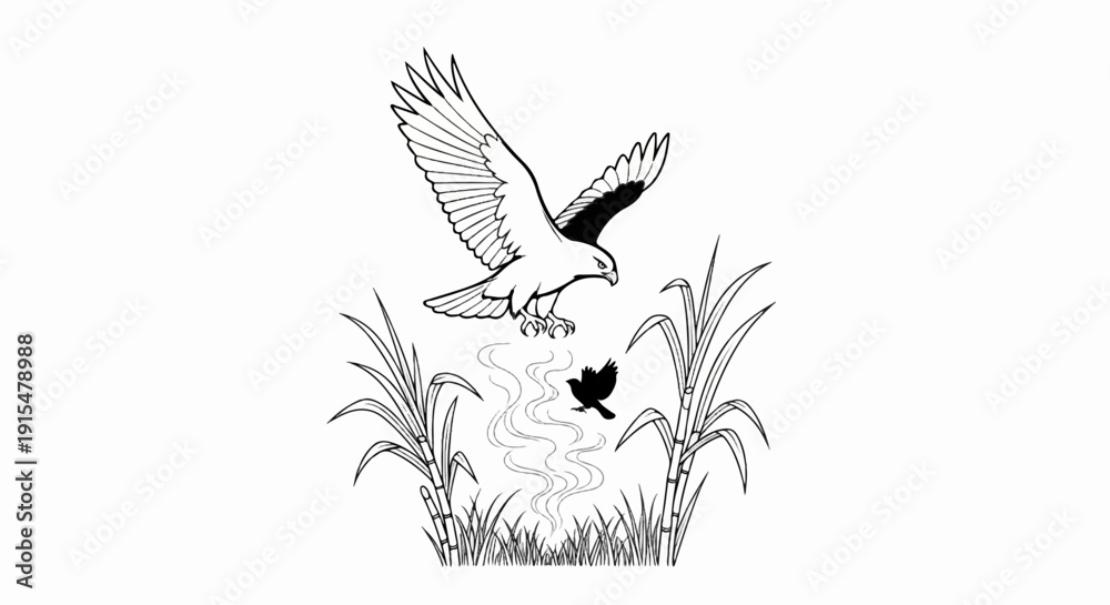 Fototapeta premium An eagle swoops down towards a small bird amidst tall reeds and wavy patterns