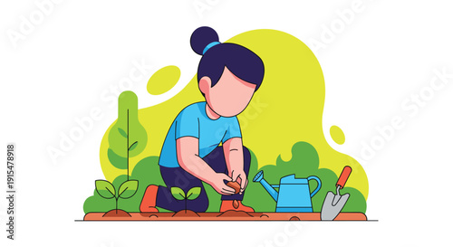 A simple flat illustration of a person gardening, carefully planting a small seedling in the soil to nurture its growth.