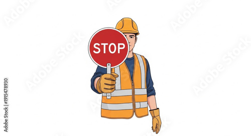 Construction Worker Holding Red Stop Sign.
