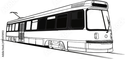 An artistic line drawing of a modern electric tram on tracks, with large windows and roof pantograph