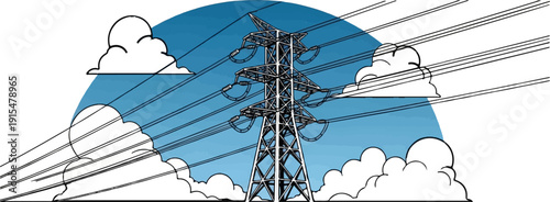 An artistic sketch of a towering power line pylon amidst a sky with clouds