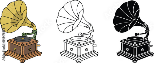 Traditional Gramophone silhouette & Outline and illustration set isolated on transparent background