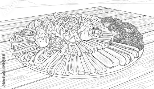 An artistic line drawing of a large platter filled with artfully arranged vegetables