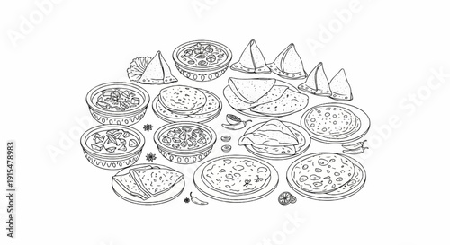 An assortment of delicious indian food items in a sketch