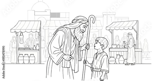 An elder instructs a young boy in a marketplace with stalls and figures