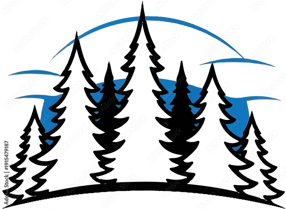 Obraz premium Abstract graphic of pine trees against a blue sky horizon