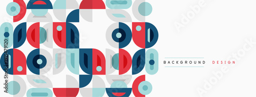 Abstract geometric pattern. Shapes overlap, creating modern visual texture. Colors include red, blue, green, gray. Minimalist design.