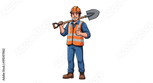 Construction Worker Holding Shovel Cartoon.