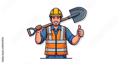 Construction Worker Holding Shovel and Thumbs Up.