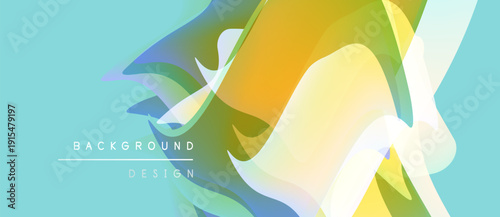 Abstract fluid shapes overlap, creating vibrant color gradients. Light blue backdrop complements yellow, green hues. Modern design element.