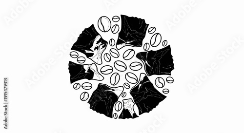 Abstract circular arrangement of coffee beans and dark, textured shapes