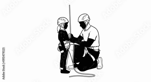 Adult assisting child with climbing harness and rope
