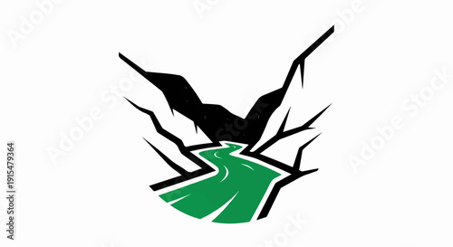 Abstract jagged black shapes frame a winding green path