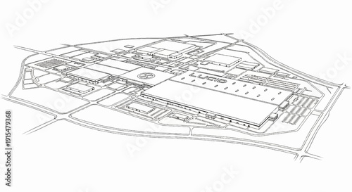Aerial perspective sketch of a large industrial manufacturing complex with multiple buildings and parking lots