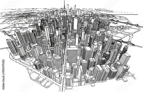 Aerial sketch of a dense city skyline with intricate detail